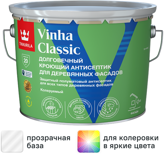 Антисептик кроющий Tikkurila Vinha Classic VC полуматовый прозрачный 9 л