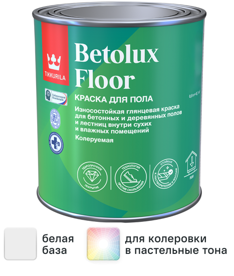 Краска для полов износостойкая Tikkivala Betolux Floor глянцевая цвет белый база A 0.9 л