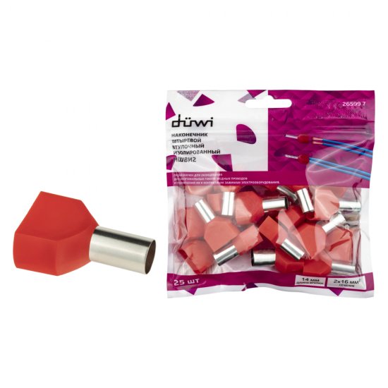 Наконечник штыревой втулочный изолированный Duwi 14 мм х 16 кв.мм двойной (25 шт.)