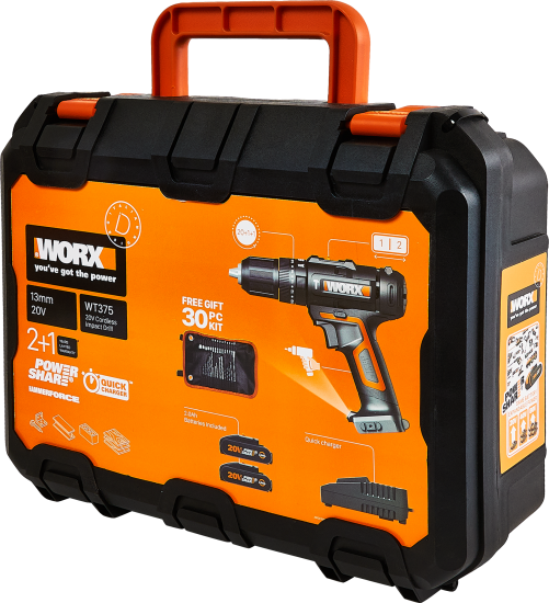 Дрель-шуруповерт аккумуляторная ударная Worx WT375, 20 В Li-ion 2x2 Ач