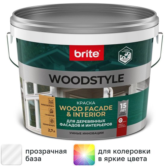 Краска для деревянных фасадов Brite Woodstyle Prof моющаяся матовая цвет прозрачный база С 2.7 л