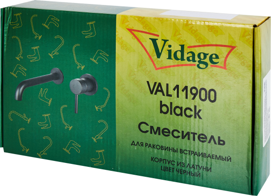 Смеситель для раковины Vidage VAL11900BL, скрытый монтаж, однорычажный, цвет черный матовый