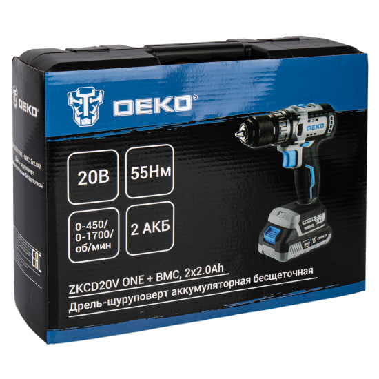 Дрель-шуруповерт аккумуляторная бесщёточная Deko ZKCD20V, 20 В Li-ion 2x2 Ач