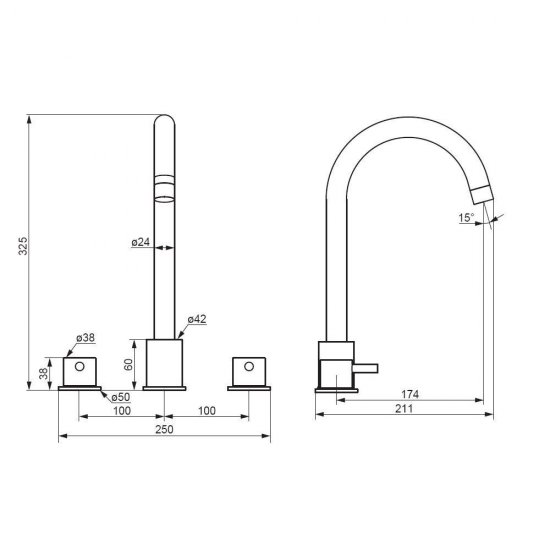 Смеситель для раковины встраиваемый Damixa Scandinavian Pure хром двухрычажный с поворотным изливом (360200000)