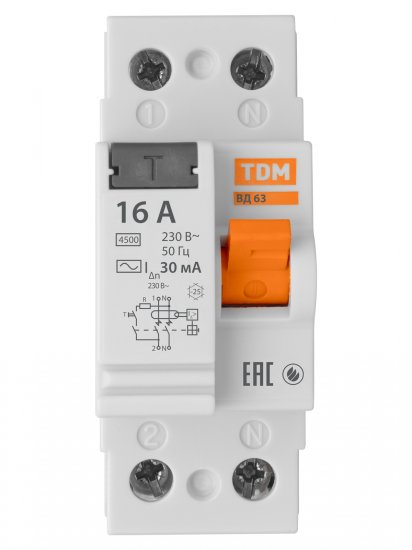 УЗО TDM Electric ВД-63 2Р 16 А 30 мА 4.5 кА AC