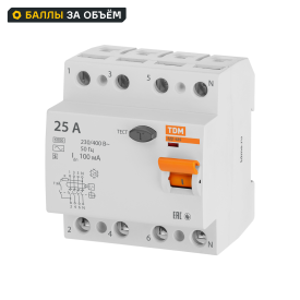 УЗО TDM Electric ВД1-63S 4Р 25 А 100 мА 6 кА AC