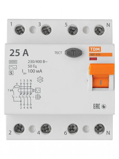 УЗО TDM Electric ВД1-63S 4Р 25 А 100 мА 6 кА AC