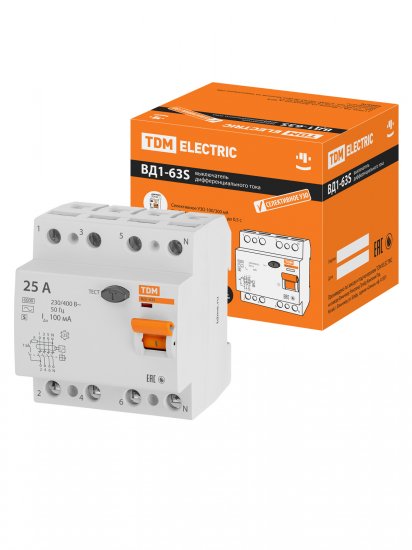 УЗО TDM Electric ВД1-63S 4Р 25 А 100 мА 6 кА AC