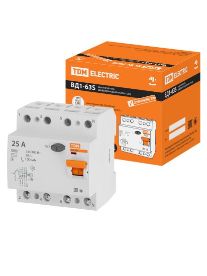 УЗО TDM Electric ВД1-63S 4Р 25 А 100 мА 6 кА AC