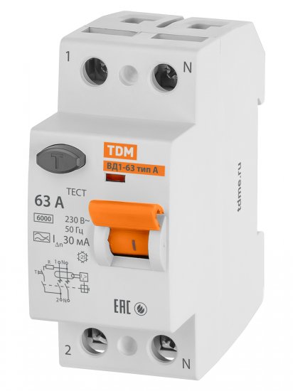 УЗО TDM Electric ВД1-63 2Р 63 А 30 мА 6 кА A