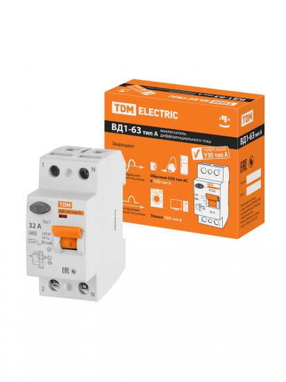 УЗО TDM Electric ВД1-63 2Р 32 А 30 мА 6 кА A