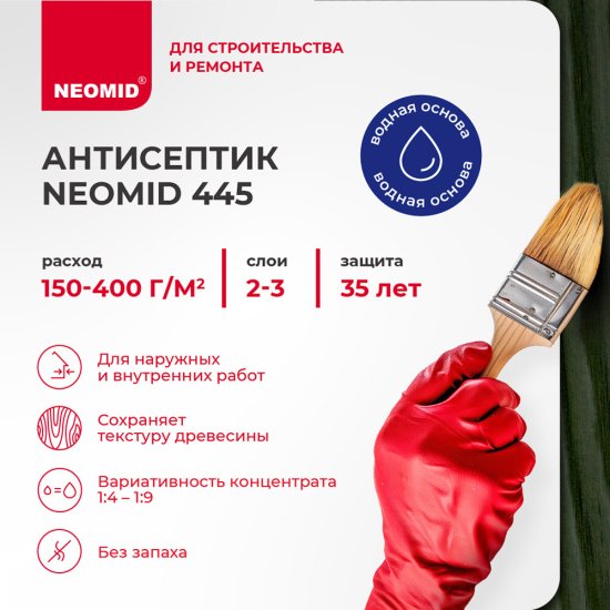 Антисептик Neomid 445 декоративный для дерева биозащитный концентрат 1:9 1 кг зеленый мох