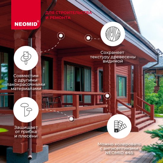 Антисептик Neomid 445 декоративный для дерева биозащитный концентрат 1:9 1 кг таежная брусника