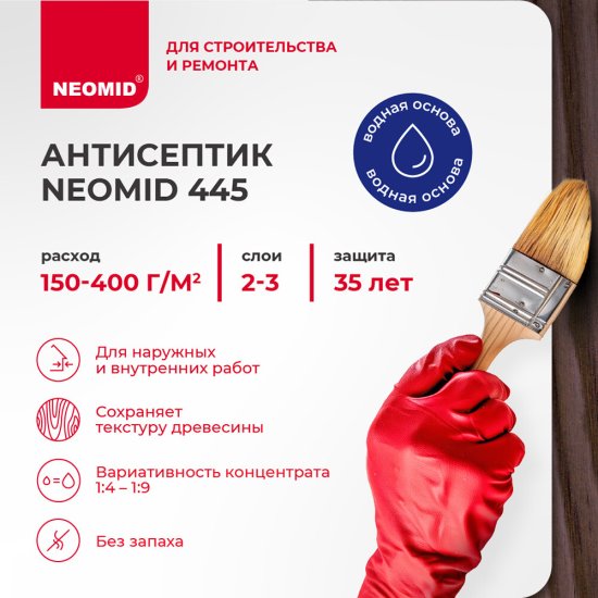 Антисептик Neomid 445 декоративный для дерева биозащитный концентрат 1:9 1 кг арабика