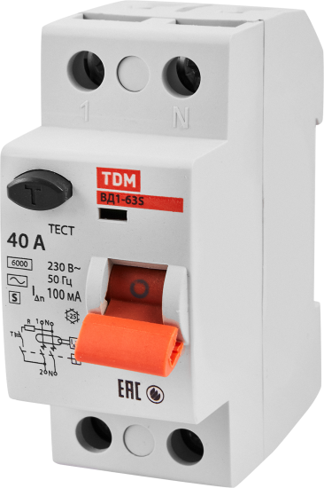 УЗО TDM Electric ВД1-63S 2Р 40 А 100 мА 6 кА AC