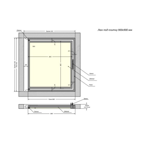 Люк ревизионный под плитку Shagma стальной 900х900 мм скрытый нажимной