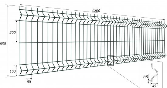 3D панель Profi для забора 0.63x2.5 м оцинкованная сталь зеленый