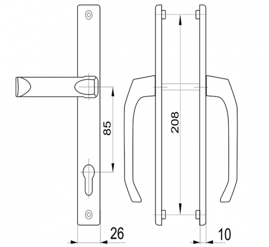 Ручка дверная для узкопрофильных замков на планке 26x85 мм, цвет коричневый