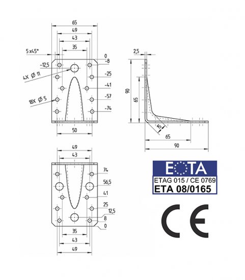 Уголок крепежный усиленный оцинкованный 90х90х65х2.5 мм GAH ALBERTS
