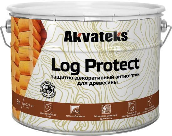 Антисептик защитно-декоративный для древесины и бревен Akvateks LOG Protect полуматовый прозрачный 9 л