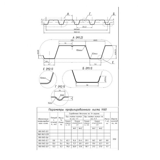 Профнастил Н60 0,902х3 м 0,8 мм оцинкованный