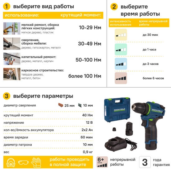 Дрель-шуруповерт аккумуляторная бесщеточная Rockfield RF1002BK, 12 В Li-ion 2x2 Ач