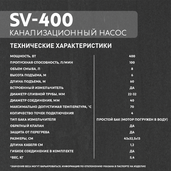 Санитарный насос Oasis SV-400 400 Вт 100 л/мин встроенный измельчитель
