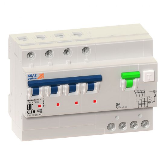 Автомат дифференциальный КЭАЗ OptiDin VD63 63А 3P+N тип AC 30 мА 6 кА (103482)