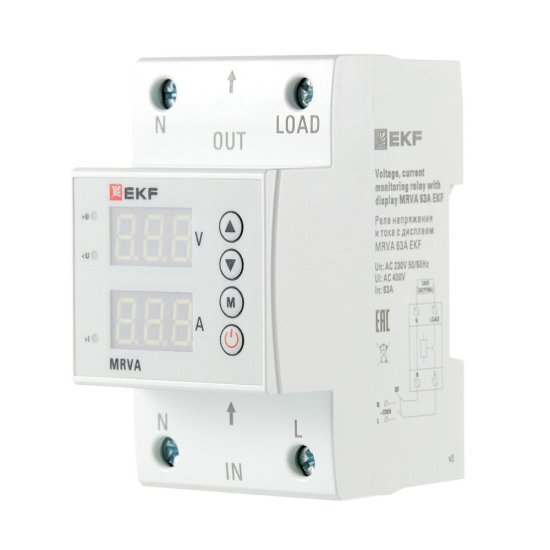 Реле напряжения модульное EKF PROxima (MRVA-63A) 230 В 63 А 1P+N с дисплеем