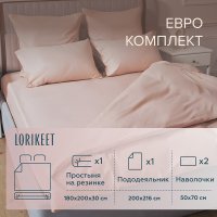 Комплект постельного белья Евро сатин Lorikeet Solo пудровый с простыней на резинке 180х200х30 см