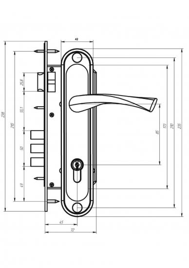 Замок врезной с дверными ручками на планке Зенит ЗВ4-85/07 медь