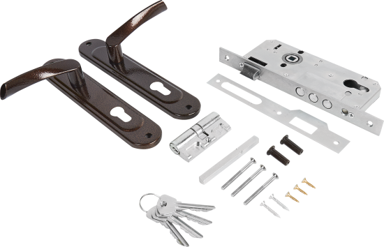 Замок врезной с дверными ручками на планке Зенит ЗВ4-85/07 медь