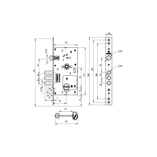 Замок врезной Fuaro V25S60.85.3R16 для входной двери никель 4 ключа