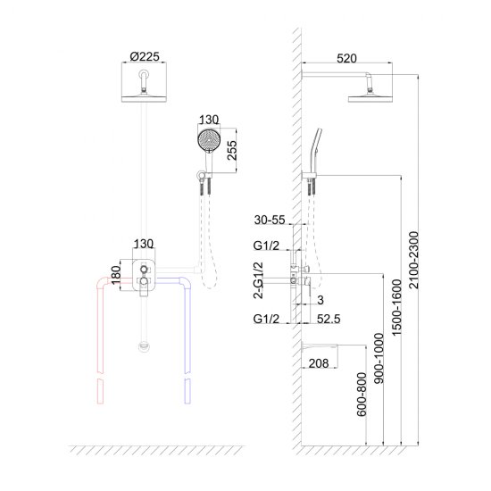 Душевая система Tokito Rain встраиваемая с верхним душем с лейкой со смесителем хром (TOK-RAI-1020)