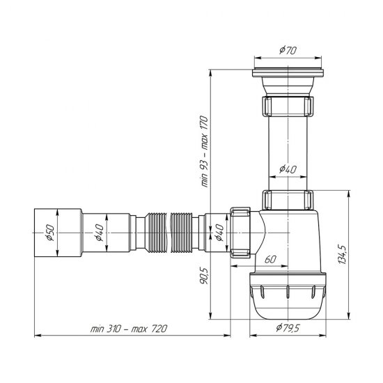 Сифон для раковины и мойки АНИ пласт 1 1/2х40 мм с выпуском d70 мм с соединением 40/50 мм (A0115)