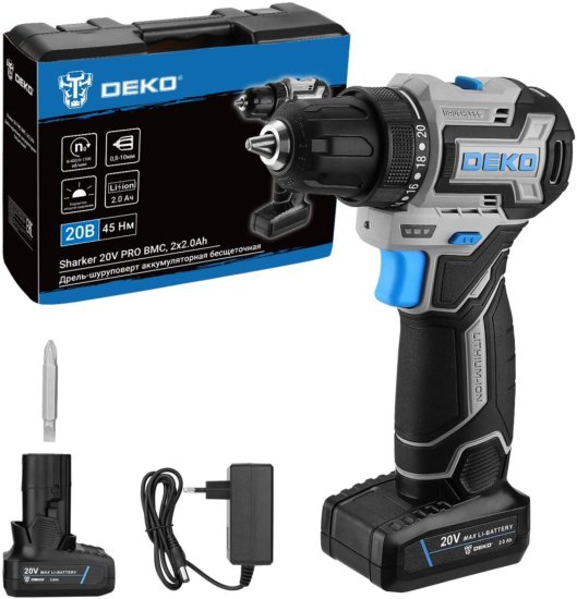 Дрель-шуруповерт аккумуляторная бесщеточная Deko Sharker Pro 084-1035, 20 В 2x2 Ач