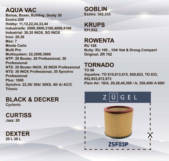 Фильтр воздушный Zugel ZSF03P, для пылесосов Dexter/Rowenta/Black&Decker