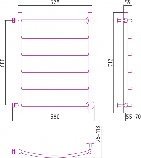 Полотенцесушитель водяной Сунержа ВПС-55ПБ 600x500 мм нержавеющая сталь 3/4 цвет черный