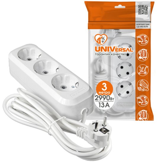 Удлинитель UNIVersal 3 розетки 3 м ПВС 3х1 кв.мм 13 А 2,9 кВт белый (9631977)