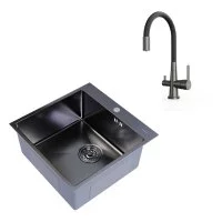Мойка для кухни Mixline Pro 50х50х20 см с сифоном со смесителем Tokito Aisai с гибким изливом с подключением к фильтру сталь графит (547230/TOK-AIS-10