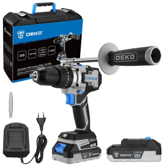 Дрель-шуруповерт аккумуляторная ударная бесщеточная Deko ZKCD20VPRO, 20 В Li-ion 2x3 Ач