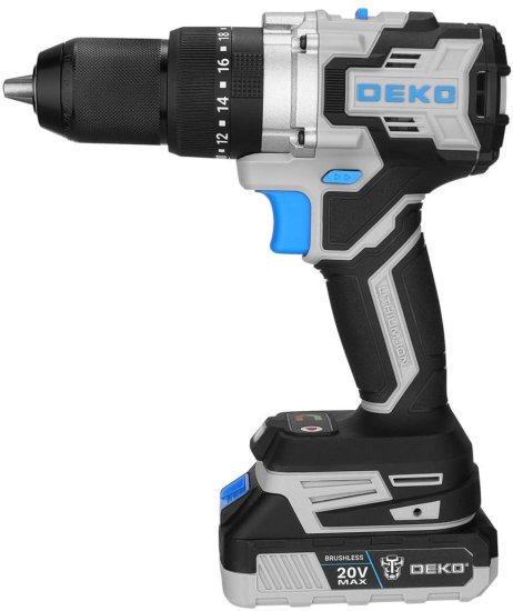 Дрель-шуруповерт аккумуляторная ударная бесщеточная Deko ZKCD20VPRO, 20 В Li-ion 2x3 Ач