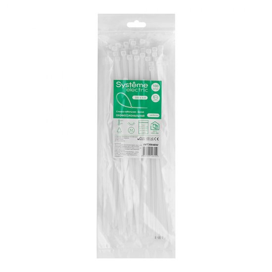 Стяжка кабельная Systeme Electric MultiSet 300х4,8 мм нейлоновая белая (100 шт.) (IMT30048W)