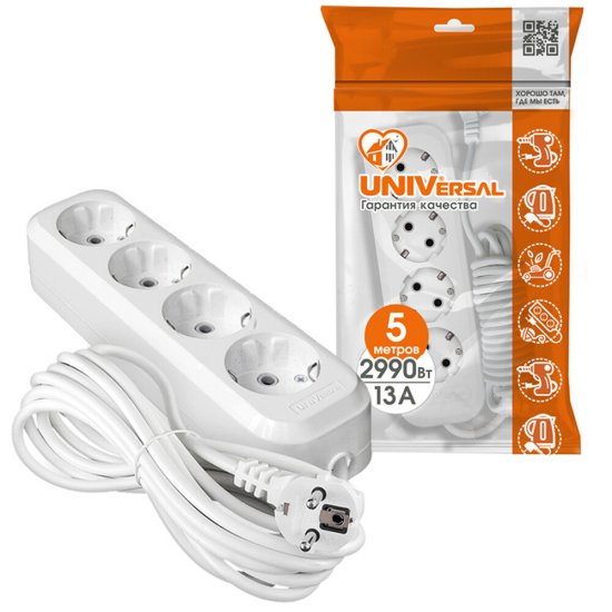 Удлинитель UNIVersal 4 розетки 5 м ПВС 3х1 кв.мм 13 А 2,9 кВт белый (9631982)