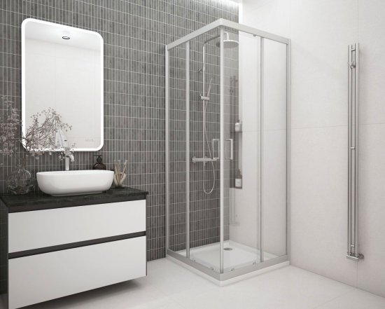 Душевой уголок Метакам квадратный 80x80 см серый профиль прозрачное стекло раздвижной