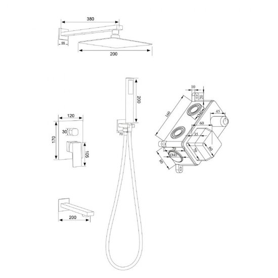Душевая система РМС Sus встраиваемая с верхним душем с лейкой со смесителем черная (SUS129BL-2S)
