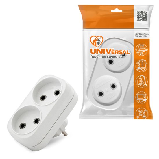 Разветвитель 2 розетки UNIVersal 10 А 230 В 2,2 кВт белый (А202)