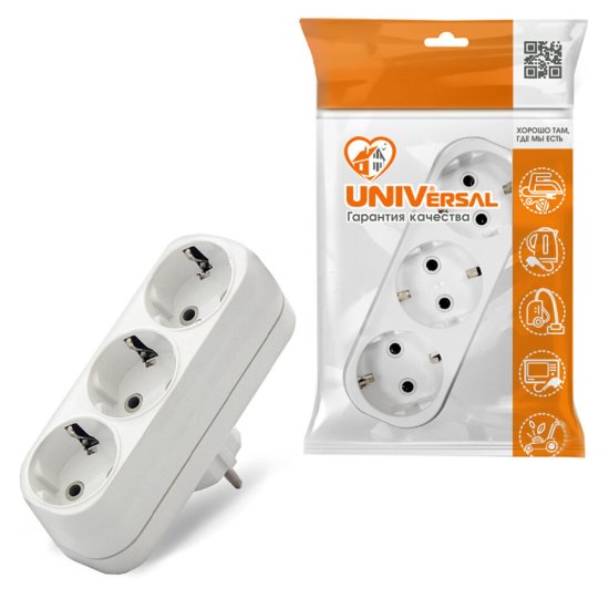 Разветвитель 3 розетки UNIVersal 16 А 230 В 3,5 кВт белый (А303)