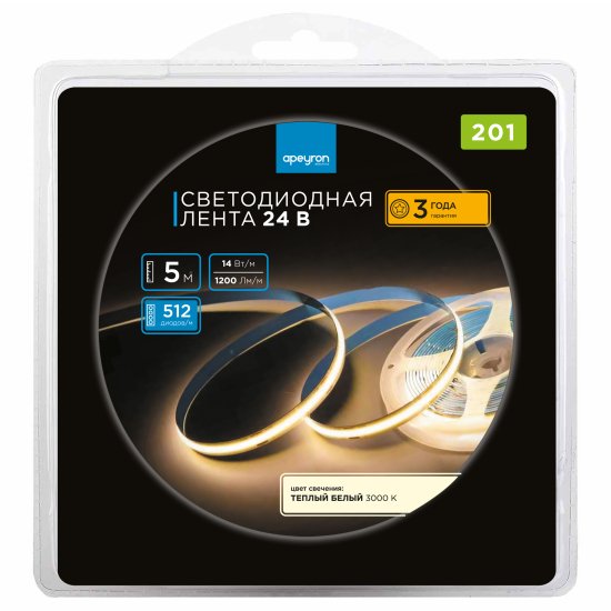 Светодиодная лента Apeyron LED COB 24В 10 мм 5м 14 Вт/м 60диод/м 1200 лм/м 3000 К теплый белый свет