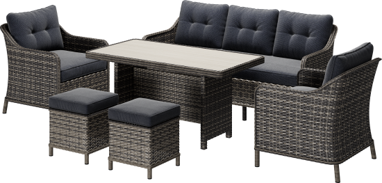 Набор садовой мебели для обеда Cezar KJ-Z2115B искусственный ротанг бежевый: диван, стол, 2 пуфа, 2 кресла с подушками